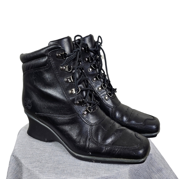 Timberland Hill Leather Square Toe Boots Sz 7 Black Lace Up Wedge Heel Victorian - Picture 2 of 16